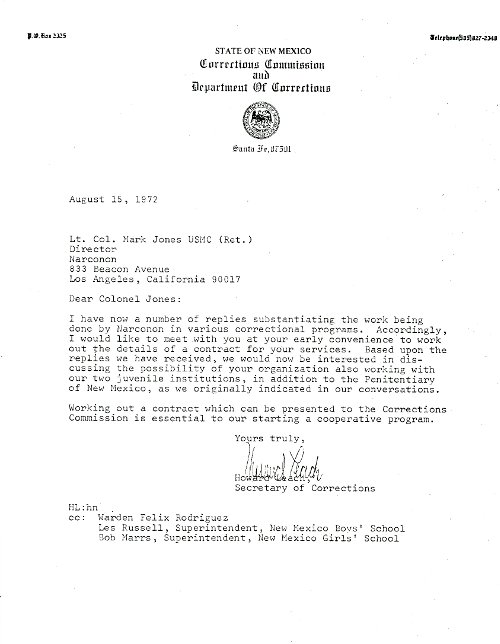 Letter from 1972 - Dept of Corrections New Mexico