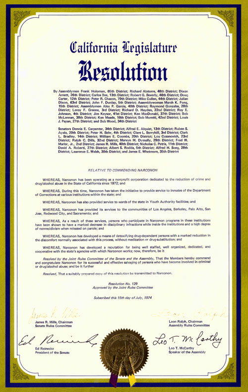 California Legislature Resolution to commend Narconon in 1974 (the picture)