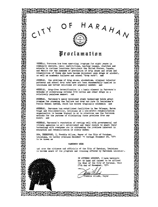 Harahan Louisiana Proclaims Narconon Week