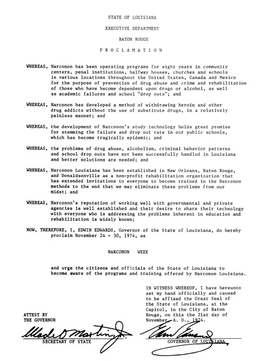 State of Louisiana Proclamation Narconon Week - 1974 (the picture)