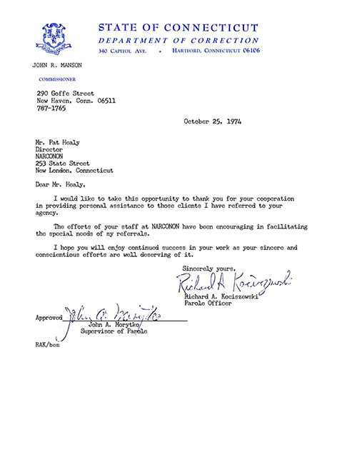 Connecticut Department of Correction Letter