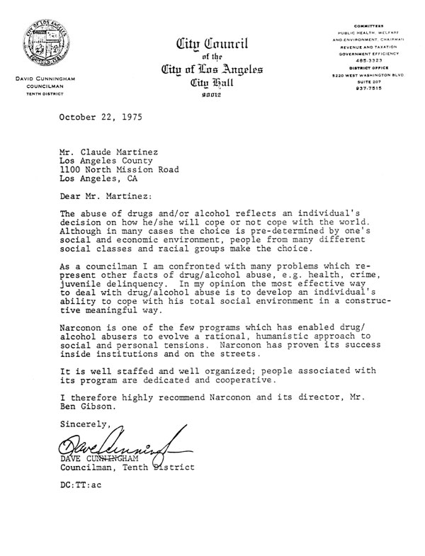 Los Angeles City Councilman recommends the Narconon program, 1975.