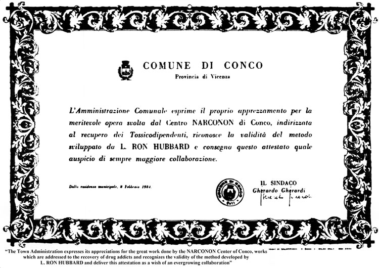 The Narconon Center in Conco Vicenza, Italy is Appreciated by the Town of Conco Administration