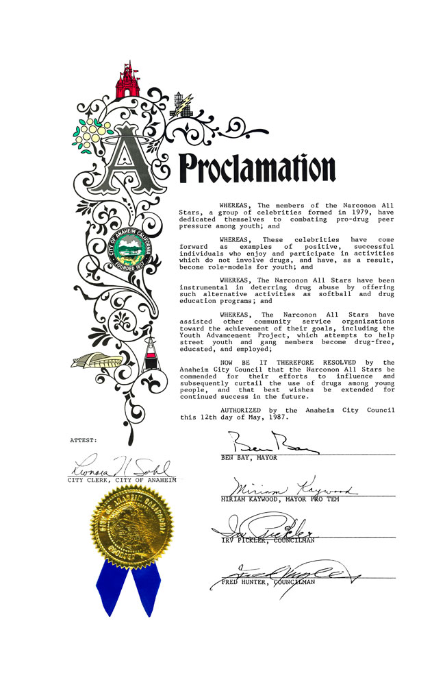 Narconon All Stars Commended Anaheim California Proclamation