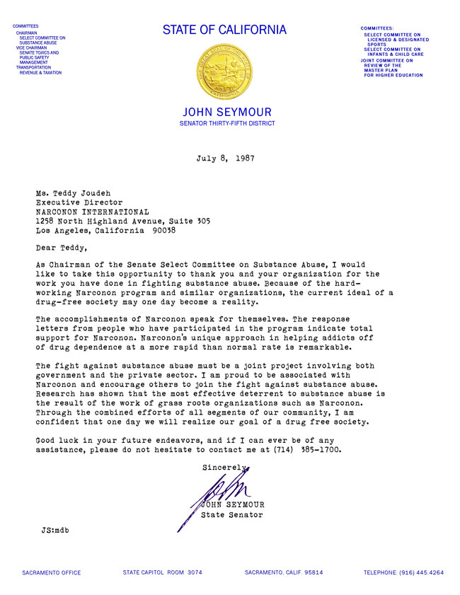 California Senator Thanks Narconon