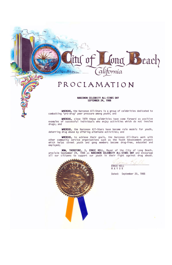 Long Beach Proclamation of Narconon Celebrity All-Stars