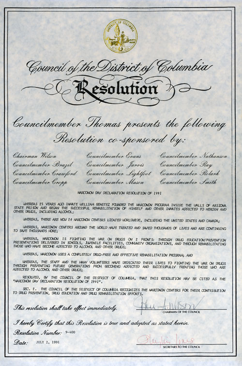 District of Columbia Resolution Narconon Day - 1991 (picture)