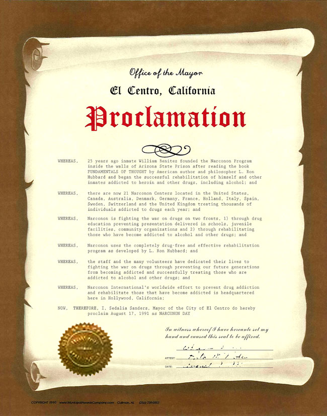 El Centro California Mayor Proclaims Narconon Day