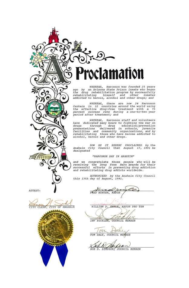 Narconon Day Anaheim California Proclamation