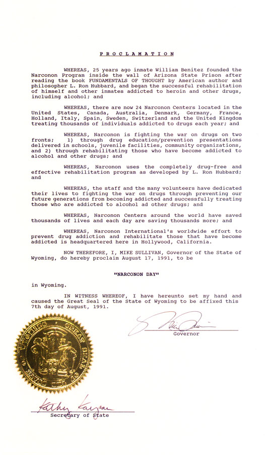 State of Wyoming proclaims Narconon Day