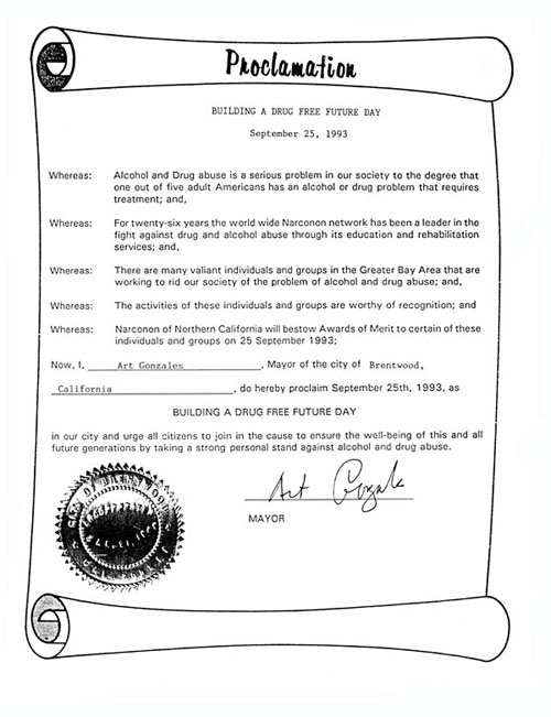 Drug-Free Future Day proclamation to Narconon from the city of Brentwood, California.