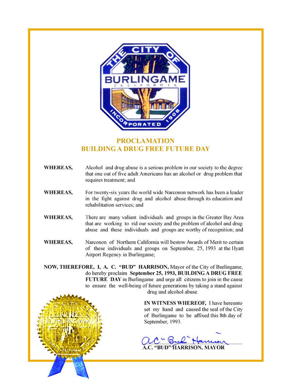 Drug-Free Day proclamation to Narconon from the city of Burlingame, California.