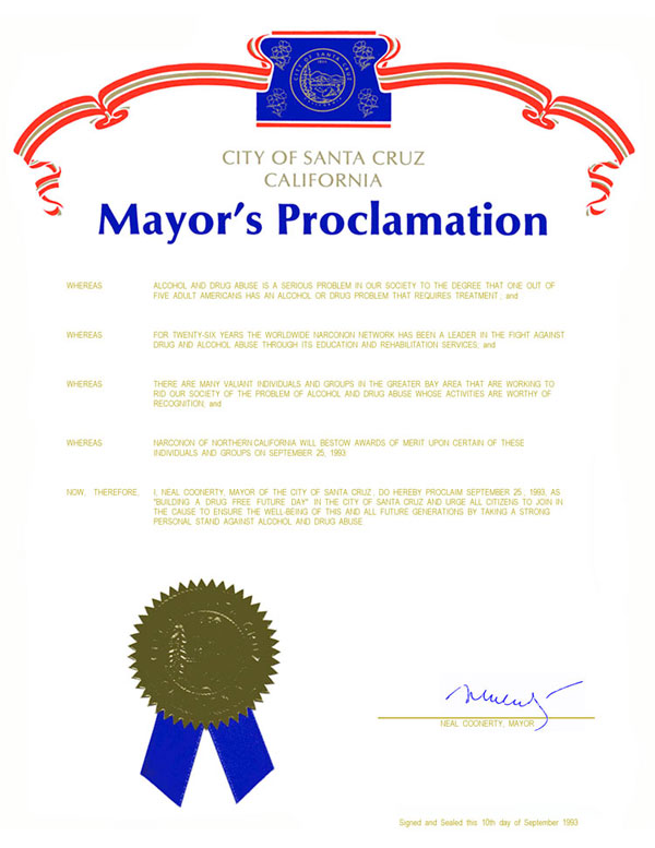 Proclamation to Narconon from City of Santa Cruz, California.