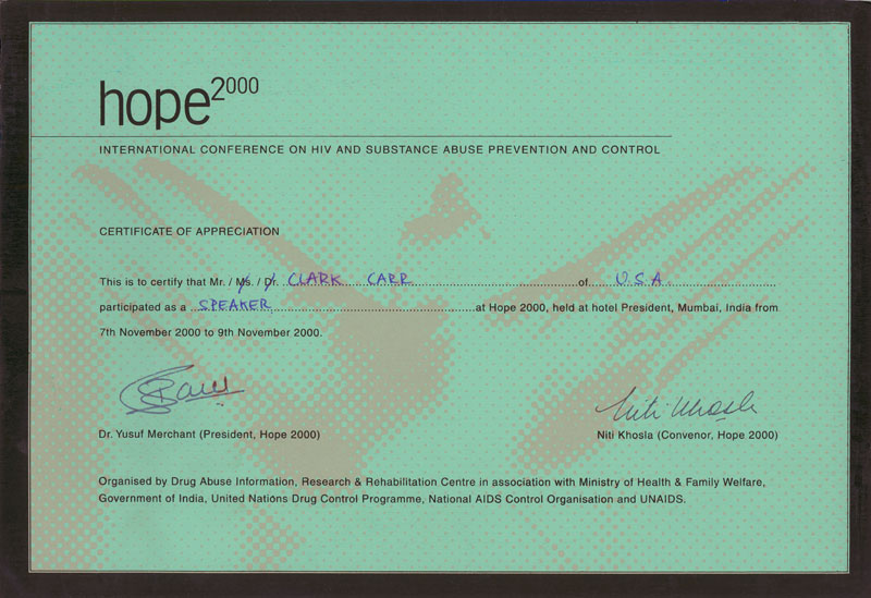 Hope 2000 Conference Certificate of Appreciation