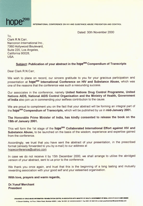 Hope 2000 Conference Letter to President Narconon International