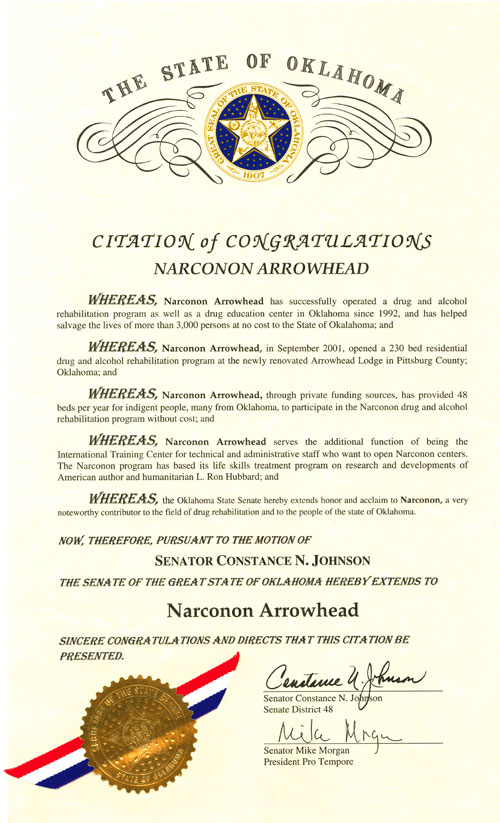 Citation of Congratulations for Narconon Arrowhead