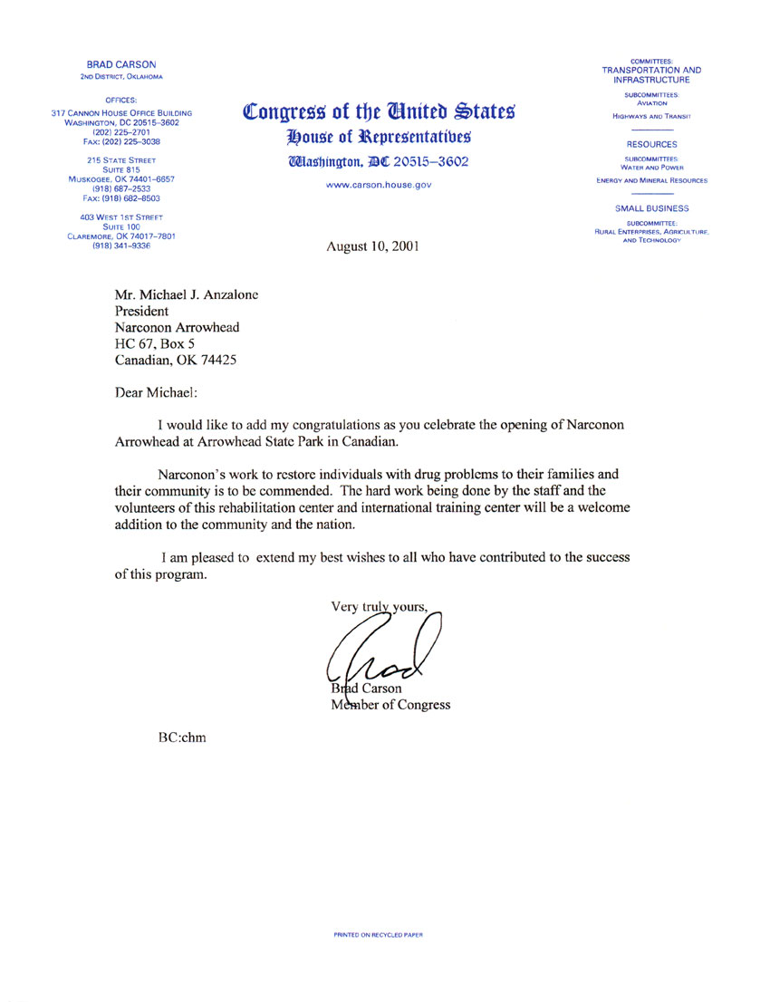 United States Congressman Commends Narconon