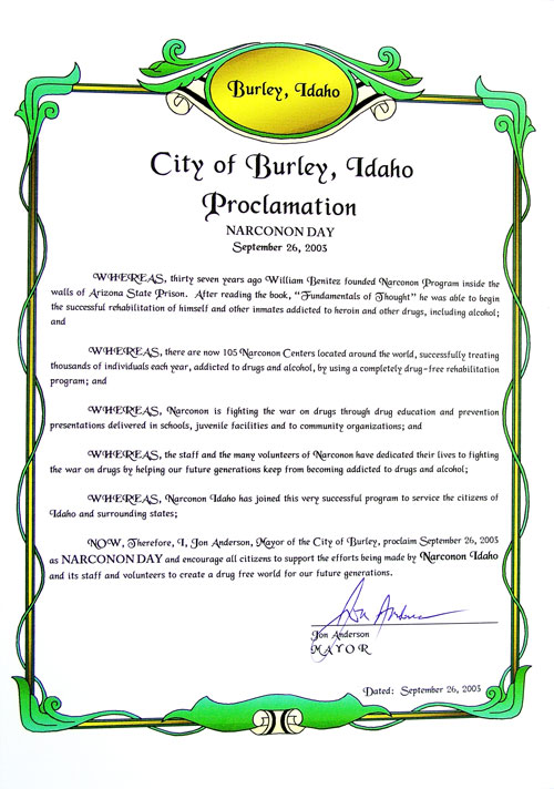 Burley Idaho Narconon Day Proclamation