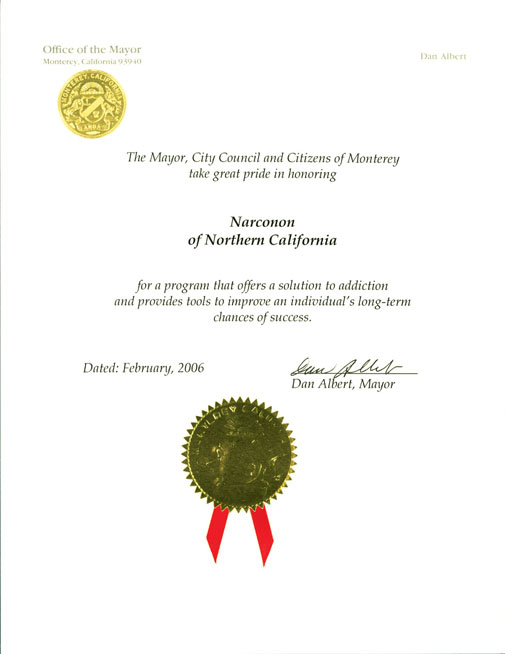 Commend of the Narconon drug rehab program from city of Monterey