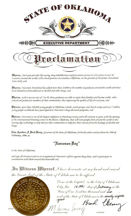 Proclamation from the State of Oklahoma to Narconon