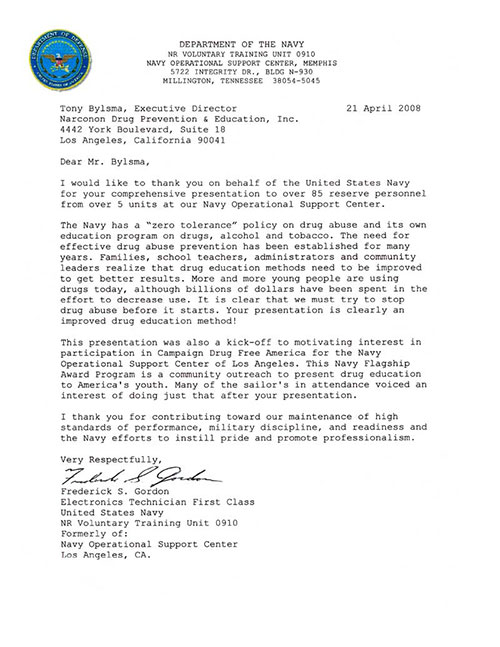 Acknowledgement Letter from the Department of the Navy