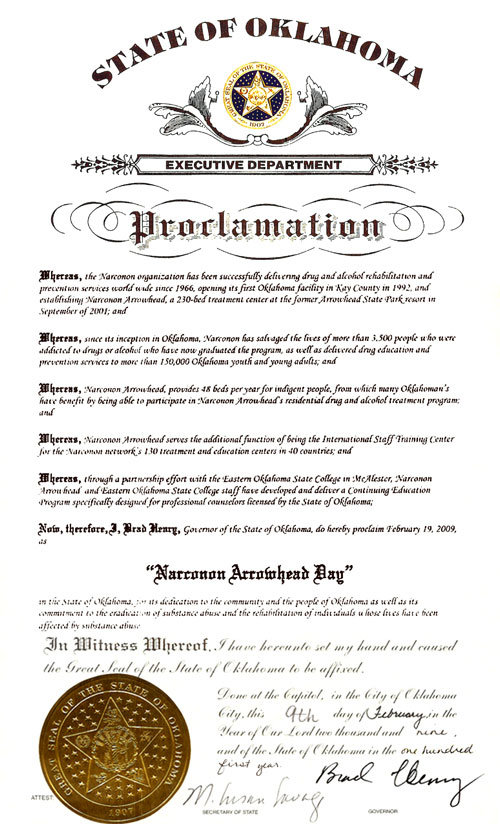 Oklahoma Proclaims Narconon Arrowhead Day