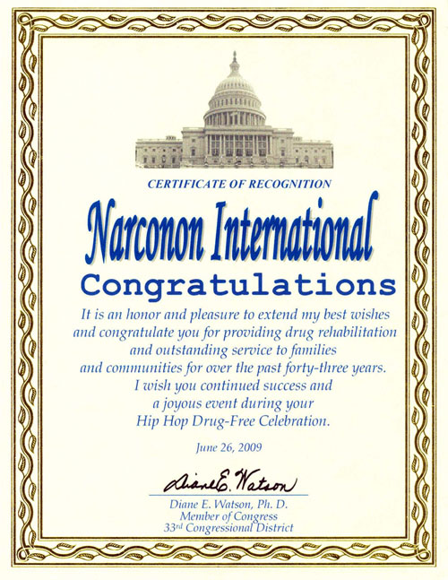 US Congresswomen Congratulates Narconon