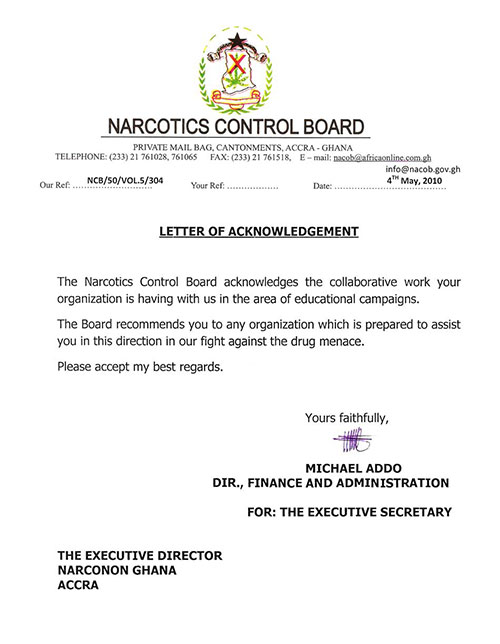 Ghana Narcotics Control Board Acknowledgement