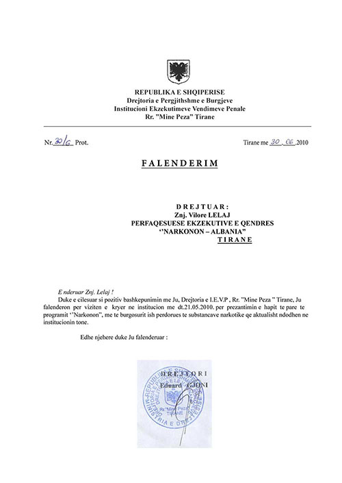 Letter of Recognition from the Director of Prisons in Tirana