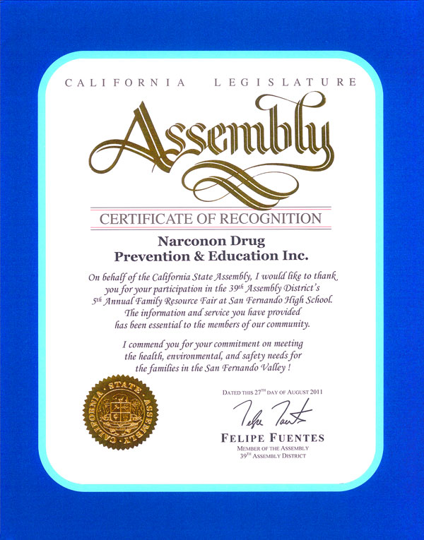 California Leislature Certificate of Recognition