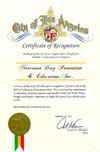 Los Angeles Certificate of Recognition of Narconon