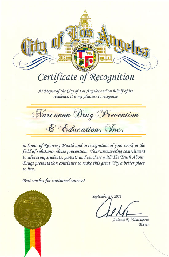 Los Angeles Certificate of Recognition